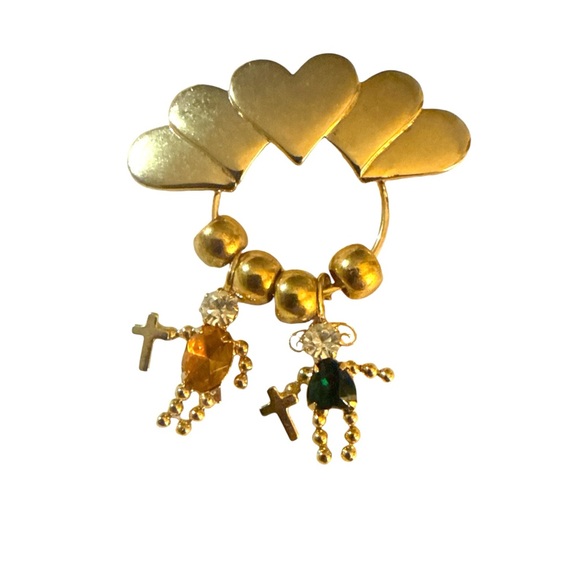 Vintage Gold Mother Heart Two Children Emerald & Citrine Birthstone Brooch - Picture 1 of 5